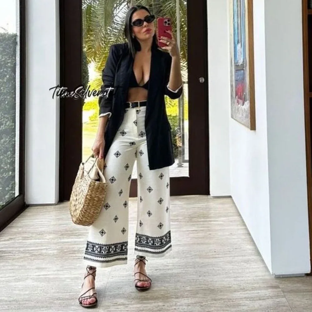 Zara Linen Blend Printed Pants White Black Sz XL NWT - Picture 9 of 16